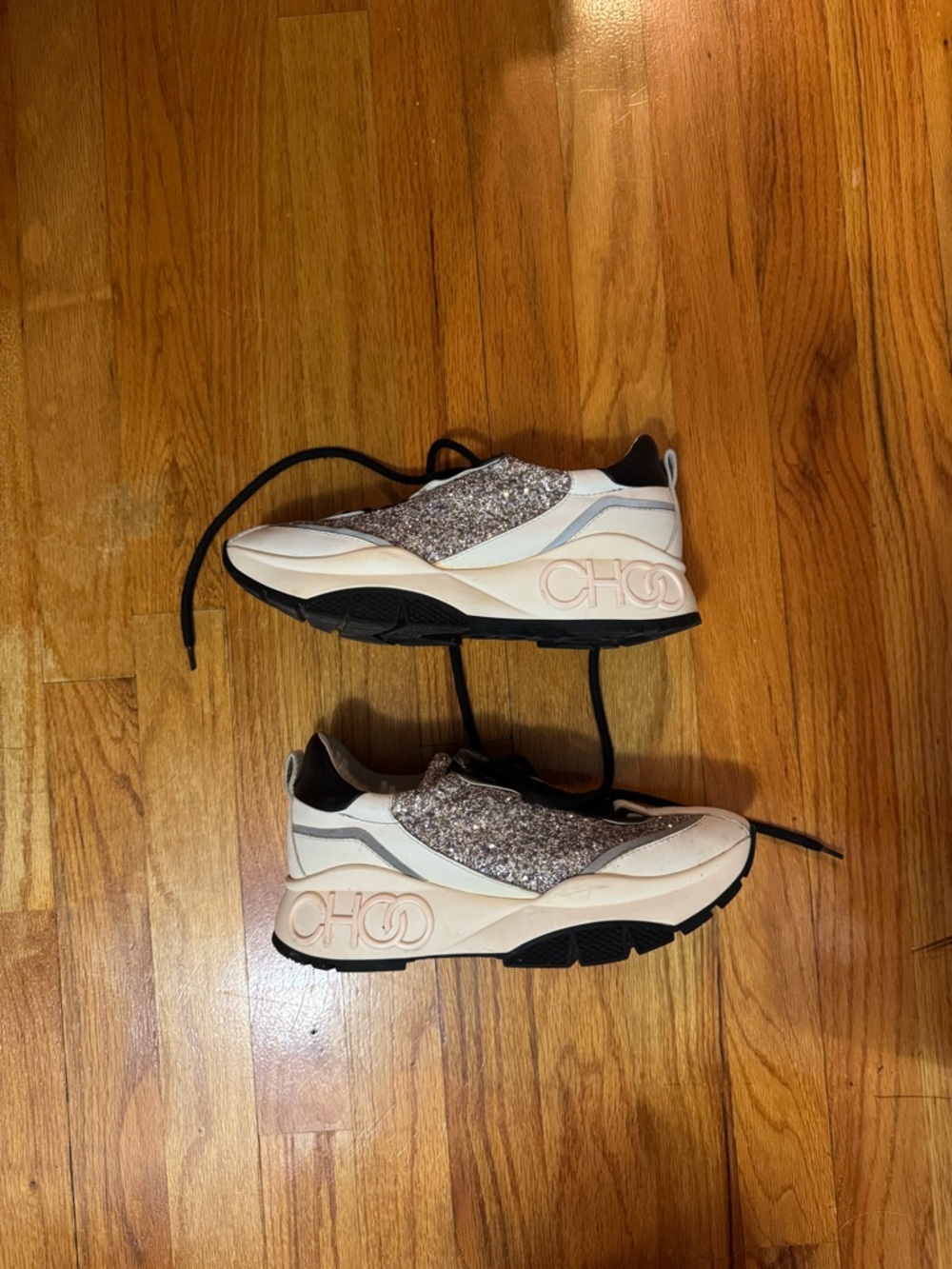 Jimmy Choo White and Beige Glitter Platform Sneakers